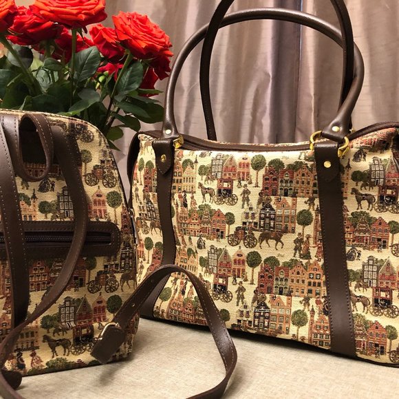 AUTHENTIC &HANDMADE TAPESTRY EMBOSSED BRAIDED LEATHER BAG AND BACKPACK SET. - Picture 5 of 9